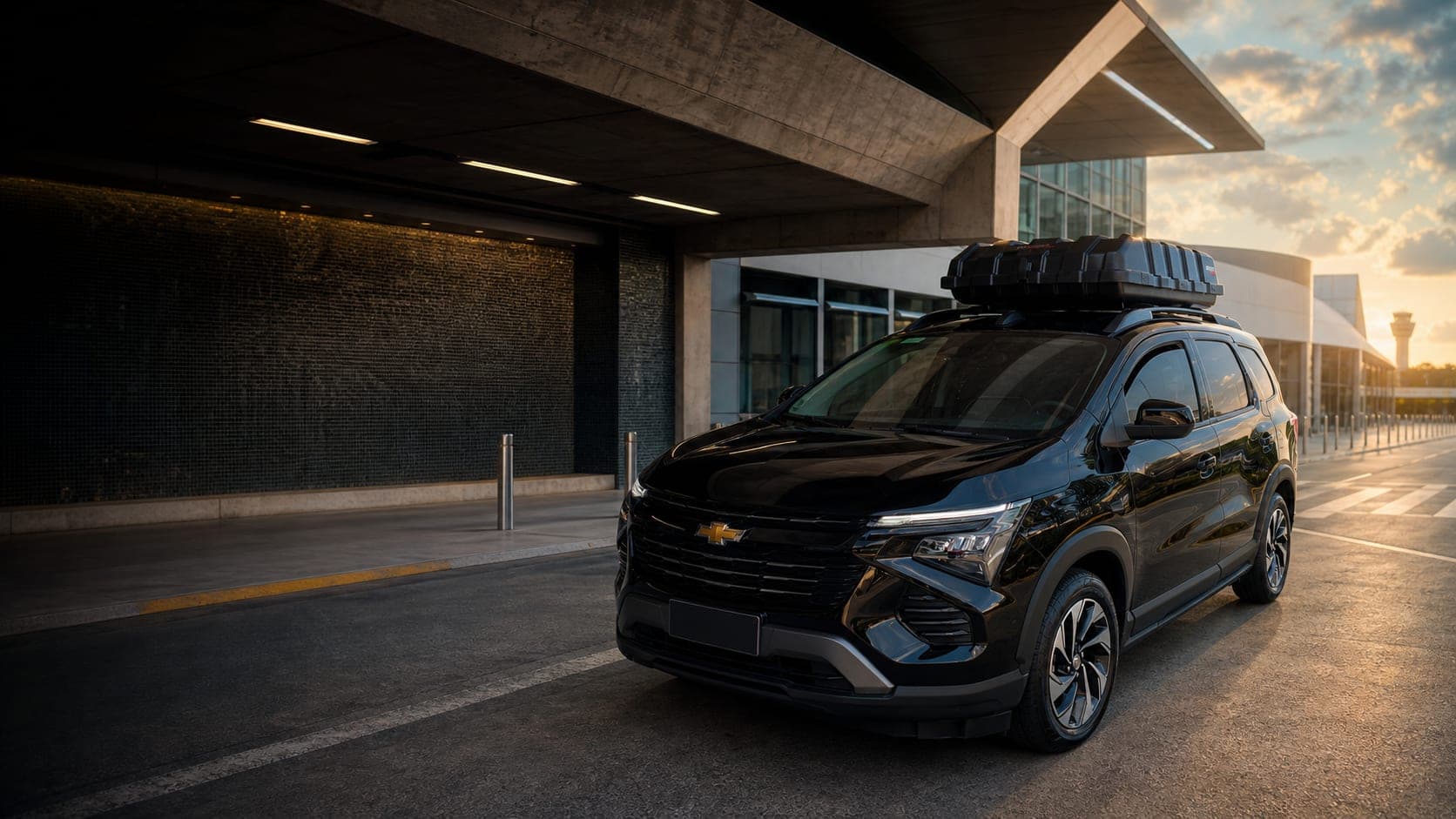 Black Chevrolet Spin with a roof cargo box parked at the airport arrivals area