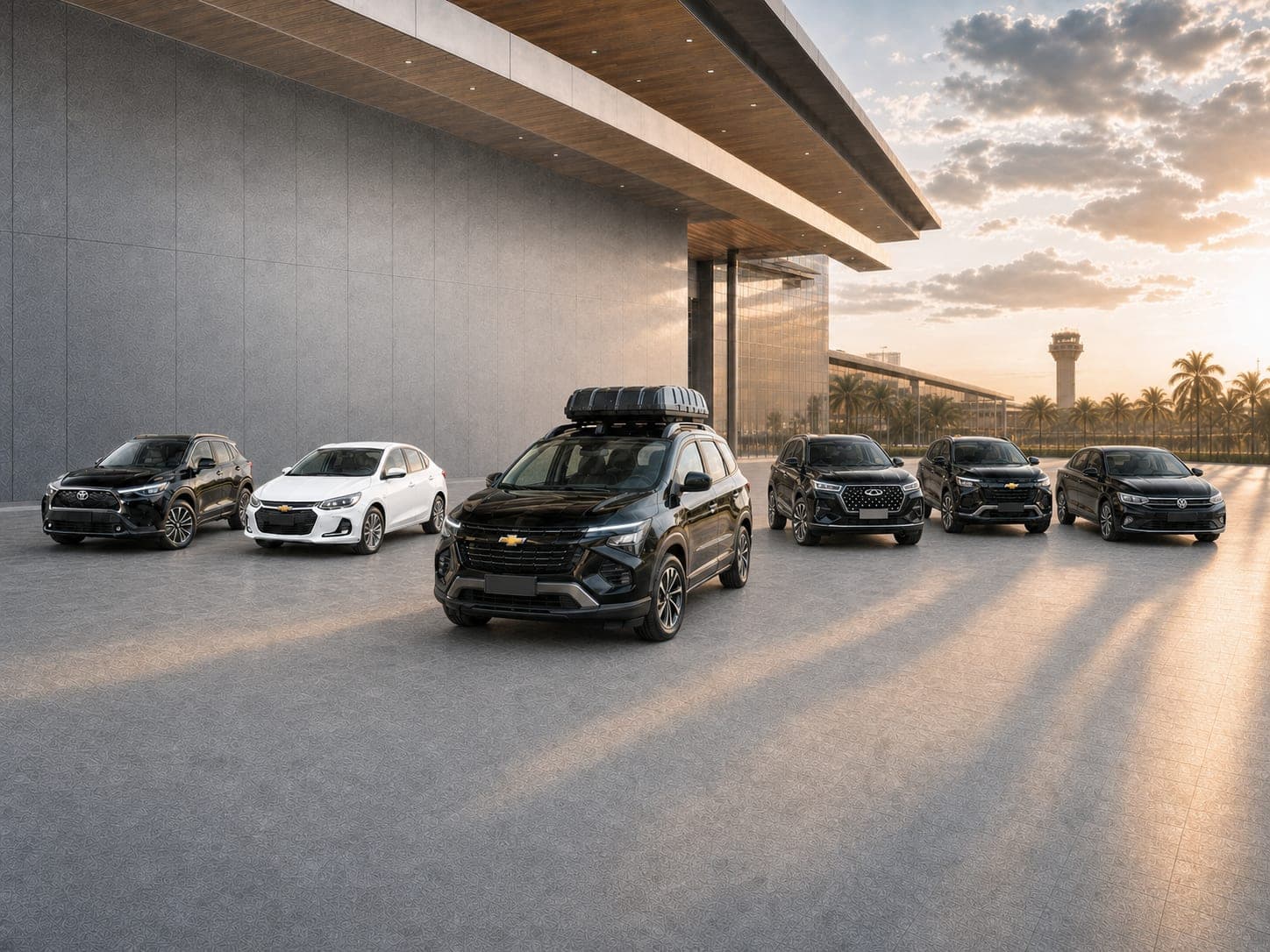 The Lumina Transfer Executive fleet lined up in front of the airport terminal at sunset