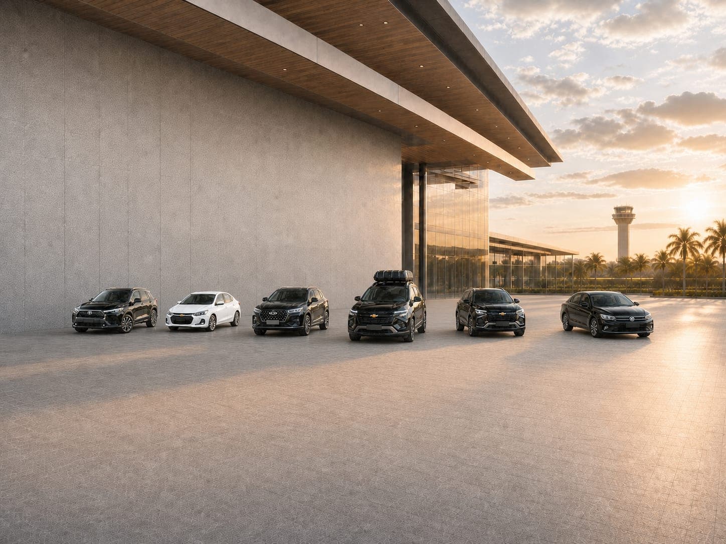 The Lumina Transfer Executive fleet lined up in front of the airport terminal at sunset
